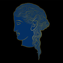 Head in profile of ancient Greek young woman with beautiful hairdo. Helen of Troy. Antique female portrait. Monochrome blue and gold silhouette on black background.