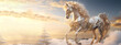 A white and gold horse runs across the sky. Clouds. Banner. Copy space. AI generated. Edited in Photoshop.