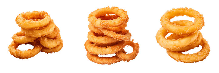 Wall Mural - a set of three Fried onion rings isolated on a transparent background