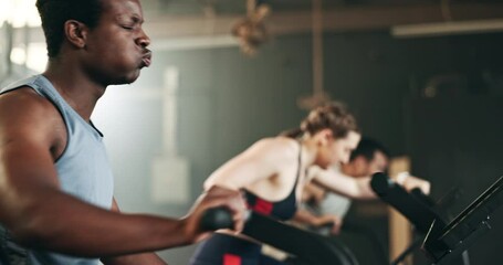 Canvas Print - People, diversity and cycling on bicycle at gym in workout, exercise or intense cardio fitness together and motivation. Diverse group burning sweat on machine in healthy body, wellness or lose weight