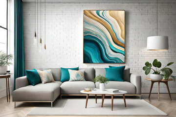 Marble abstract acrylic painting in the interior of the room. Marbling artwork texture.