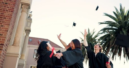 Poster - Happy group, students and hug in graduation, celebration or achievement together at outdoor campus. People, friends or graduate throwing caps in air for diploma, certificate or degree at college