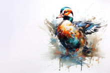 Watercolor Painting Of Mandarin Duck White Background. Wildlife Animals. Illustration, Generative AI.
