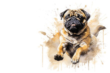 Watercolor Painting Of Pug Dog Running On White Background. Pet. Animals. Illustration, Generative AI.