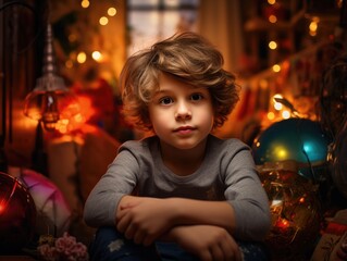 Wall Mural - A young boy sitting in front of a christmas tree. Generative AI.