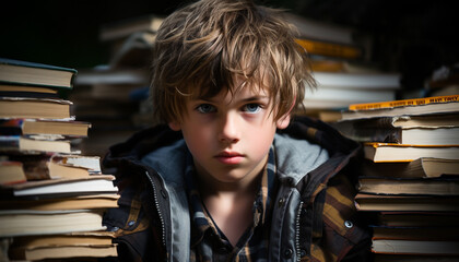 Wall Mural - A cute blond boy studying, reading a book in the library generated by AI