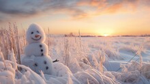 A Snowman Sitting In The Middle Of A Snow Covered Field. Generative AI.