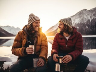 Poster - A couple of men sitting next to each other. Generative AI.