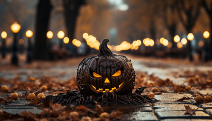 Wall Mural - Spooky pumpkin lantern glows in dark autumn night generated by AI