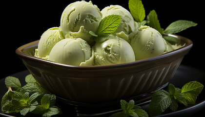 Canvas Print - Fresh mint leaf enhances gourmet ice cream dessert generated by AI