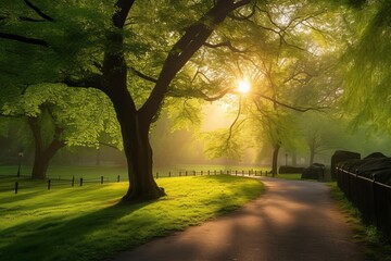 Wall Mural - Beautiful public park with green grass field on morning light Created with Generative AI technology.