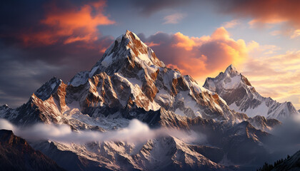 Poster - Majestic mountain peak, snow capped and tranquil, in autumn dramatic sky generated by AI