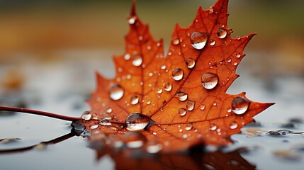 close-up maple leaves after rain with water drops.autumn mood.