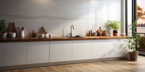 white simple modern kitchen in scandinavian style, kitchen details, indoor plants in the interior, w