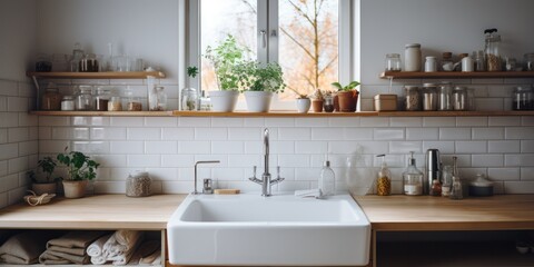 white simple modern kitchen in scandinavian style, kitchen details, indoor plants in the interior, w