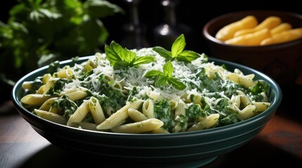 penne pasta with gorgonzola sauce and spinach.