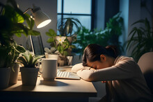A Woman Who Works Overtime Sits In A Chair And Falls Asleep On Her Desk At Night With A Computer, A Coffee Mug, A Vase Of Plants. Working On Deadline Until She Is Tired And Falls Asleep.