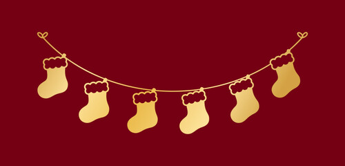 Wall Mural - Gold Christmas Stocking Silhouette Garland Vector Illustration, Christmas Socks Graphics Festive Winter Holiday Season Bunting