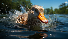 Cute Duckling Quacking, Looking At Camera, Swimming In Pond Generated By AI