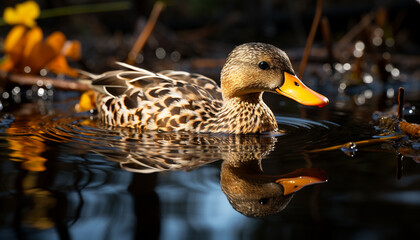 Wall Mural - Beautiful mallard duck with vibrant feathers reflects in calm pond generated by AI