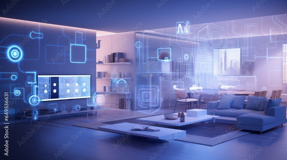 A modern living room with smart home devices IOT technology.