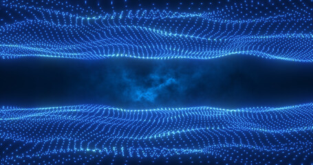Wall Mural - Abstract blue energy waves from particles above and below the screen magical bright glowing futuristic hi-tech background