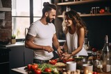 Fototapeta  - Romantic couple at the kitchen with food preparing background.