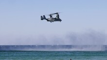 Slow Motion Footage Of A Bell Boeing V-22 Osprey Flying Over The Sea At Gold Coast Pacific Airshow, QLD, Australia On August 19, 2023.
