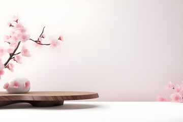 Wall Mural - Empty wood podium with Sakura flower a branch background Japanese style architect, For branding and product display presentation, 3d wooden minimal stage identity and packaging design, ai generate