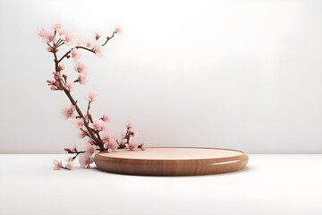 Wall Mural - Japanese style architect wood podium cosmetics with Sakura flower a branch background, For branding and product display presentation, 3d Empty minimal stage identity and packaging design, ai generate