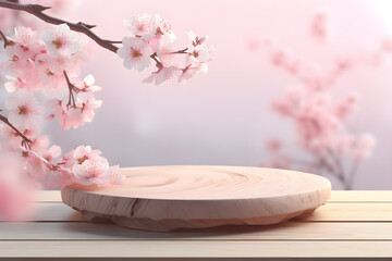 Wall Mural - Japanese style architect wood podium cosmetics with Sakura flower a branch background, For branding and product display presentation, 3d Empty minimal stage identity and packaging design, ai generate