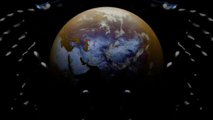 Wall Mural - black background with rotating planet and patterns. design. around its axis is a rotating planet ear