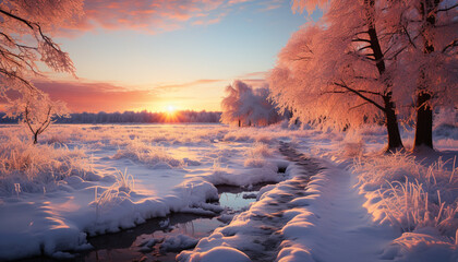 Wall Mural - Winter tree in snow, outdoors, tranquil scene, frozen beauty generated by AI