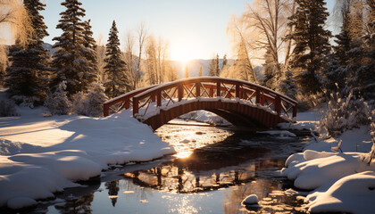 Poster - Tranquil winter landscape snow covered forest, frozen lake, and majestic mountains generated by AI