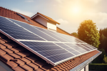 Close up of a new building with solar panels on the roof. Sustainable and clean energy at home