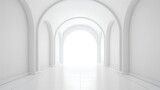 Fototapeta Perspektywa 3d - A spacious, empty white hall with a minimalist style. The room is bathed in natural light, highlighting the clean lines and simplicity. The stark white walls and floor create a blank canvas.