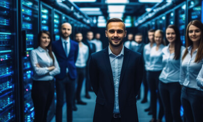 Leinwandbilder - Group of people who work for technology standing in data center room with server equipment in the background.