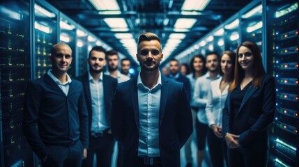 Leinwandbilder - Group of people who work for technology standing in data center room with server equipment in the background.