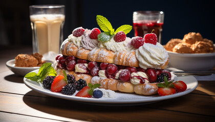 Sticker - Fresh berry dessert on wooden plate with whipped cream topping generated by AI