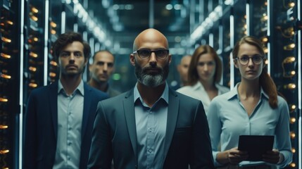 Fototapete - Group of IT specialist standing in a server room or data center.