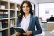 © vefimov - Professional woman dressed in suit holding clipboard in quiet library. Perfect for business, education, or research concepts.