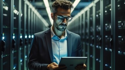 Leinwandbilder - IT Specialist Holding Laptop and working at a Data Center.