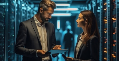 Poster - Male IT Specialist Holds Laptop and Discusses Work with Female Server Technician In Data Center.