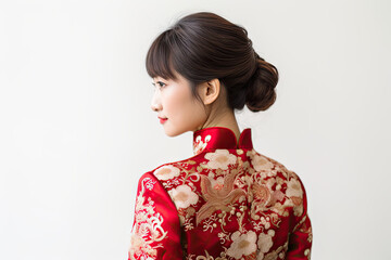 Wall Mural - Portrait of a Chinese woman in Cheongsam clothing isolated on white background.