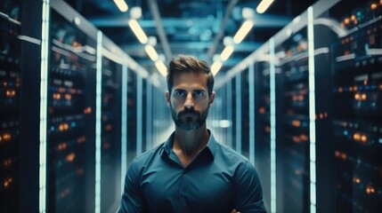Fototapete - Portrait of man IT engineer standing in a data Room.