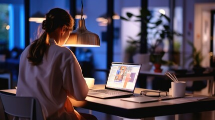 Fototapete - Businesswoman analyzing marketing graph report on laptop computer at office, Working overtime at project, Developing business ideas.