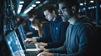 Fototapete - Computer engineers using laptops in the computer room, Remotely controlling the server.