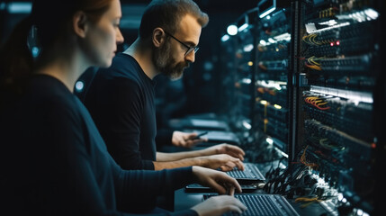 Fototapete - Computer engineers using laptops in the computer room, Remotely controlling the server.