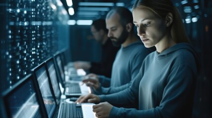 Fototapete - Computer engineers using laptops in the computer room, Remotely controlling the server.