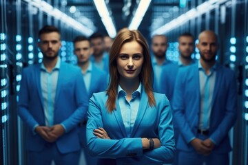 Fototapete - Confident team standing in a server room with servers in the background.